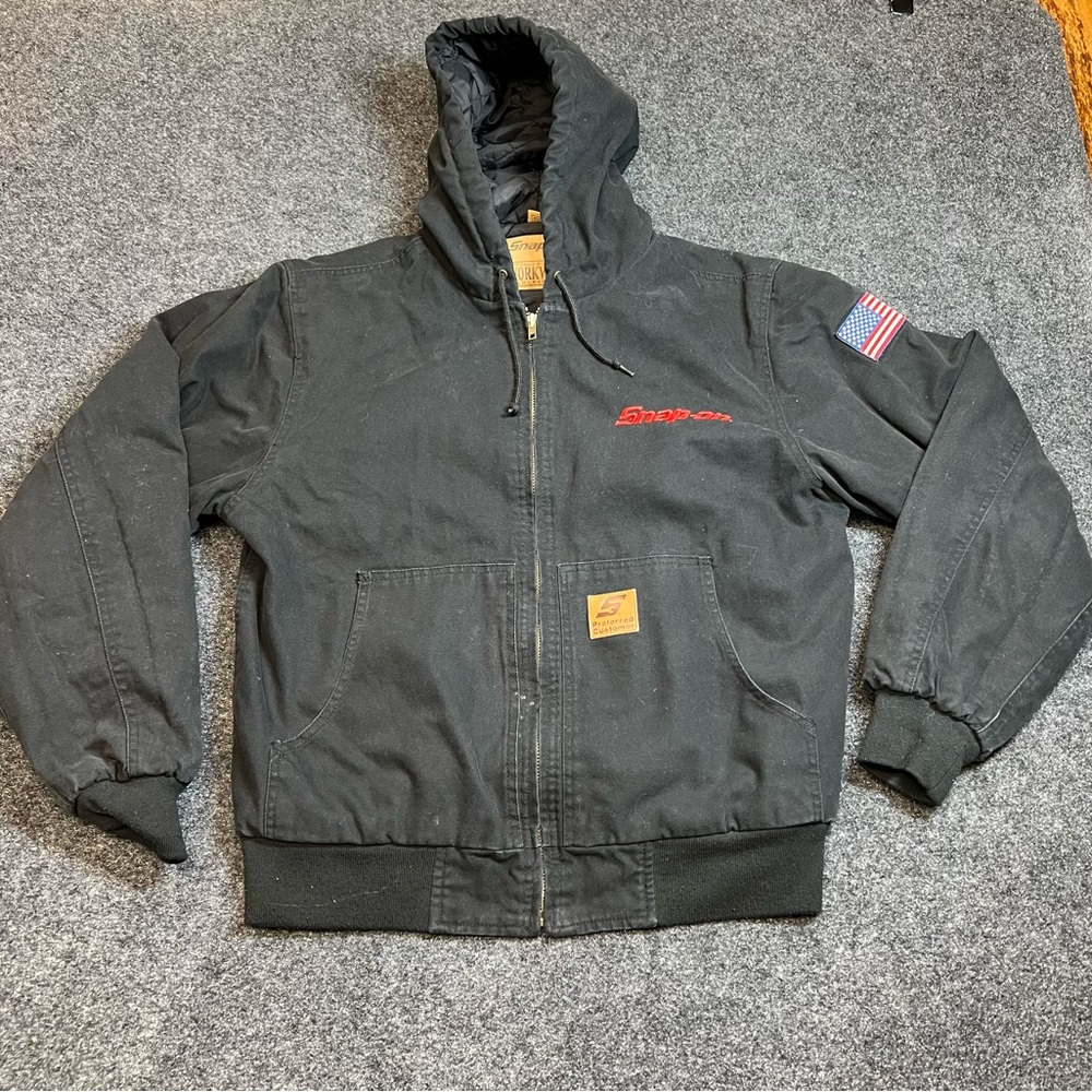 Snap On Workwear Jacket Medium Black Hooded Quilted Lined Canvas USA Patch